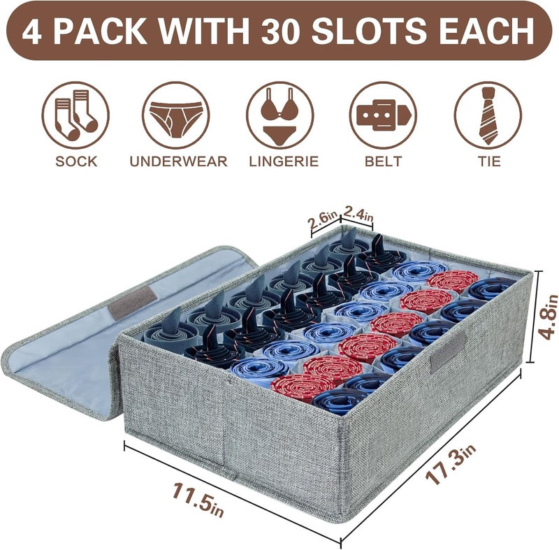 PINGMIC Gray Sock Organizer Divider 4 Pack with Lid - 30 Cell Foldable Closet Storage, Tie Organizer For Men Boxes for Socks, Ties, Belts - Image 3